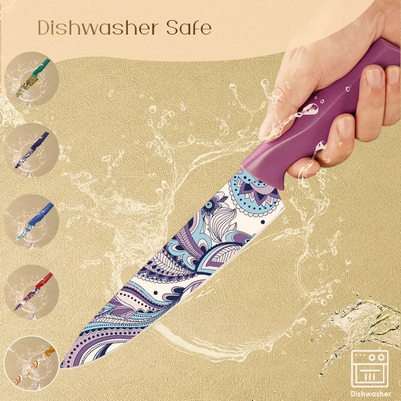 Astercook Paisley Pattern Knife Set With Sheaths, Dishwasher Safe, Colorful, German Stainless Steel - Our Families Kitchen