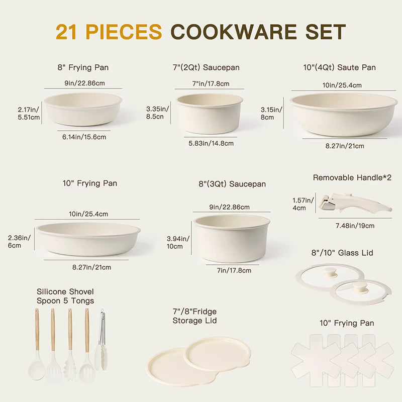 21 Piece Non-Stick, Astercook Ceramic Cookware Set with Sensor Handles, Milky white - Our Families Kitchen