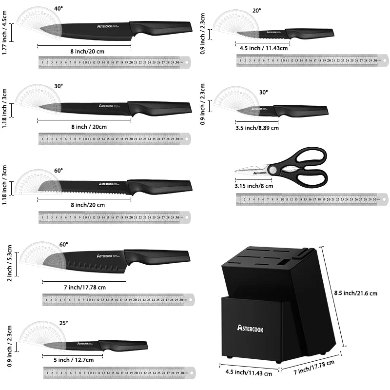 Astercook 15 Piece with Built-in Sharpener Block, Dishwasher Safe, German Stainless Steel - Our Families Kitchen