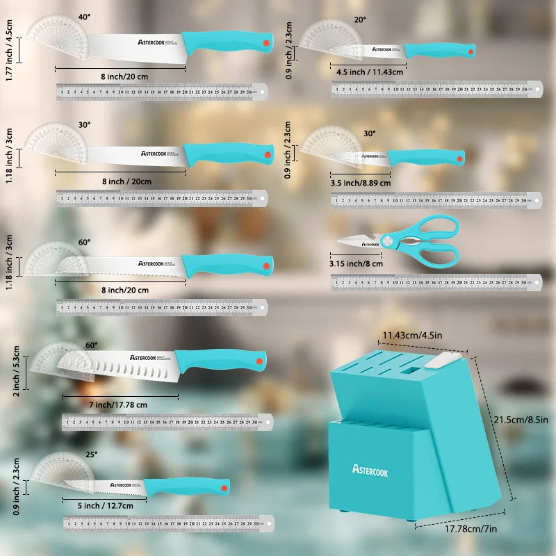 Astercook, 14 Pcs Kitchen Knife Set with Built-in Sharpener Block, Dishwasher Safe, Teal