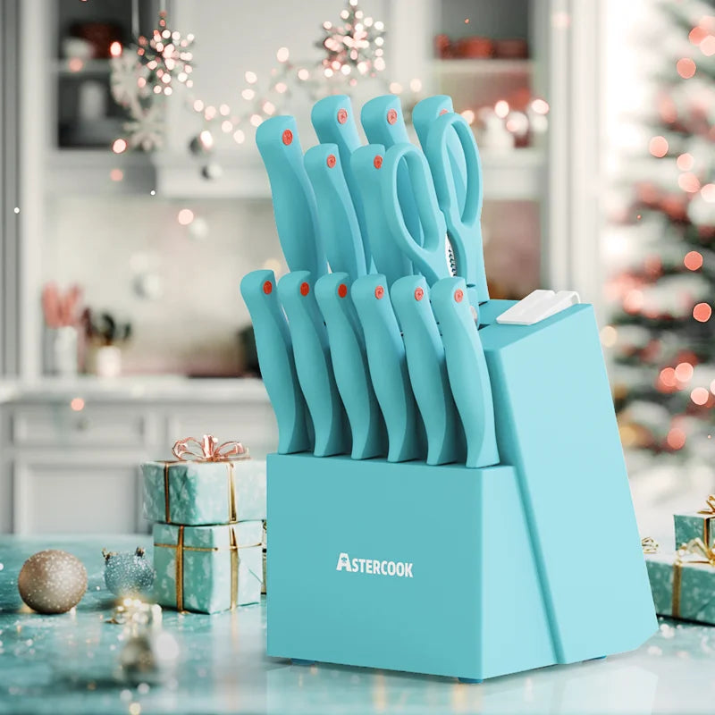 Astercook, 14 Pcs Kitchen Knife Set with Built-in Sharpener Block, Dishwasher Safe, Teal