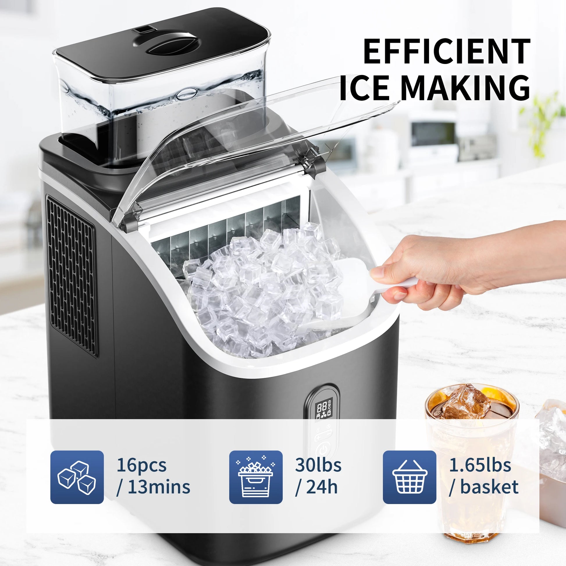 SIMZLIFE Ice Cube Maker Machine Countertop with External Water Tank, 45Lbs, 16Pcs Ready in 13 Mins,Auto-Cleaning,Black - Our Families Kitchen