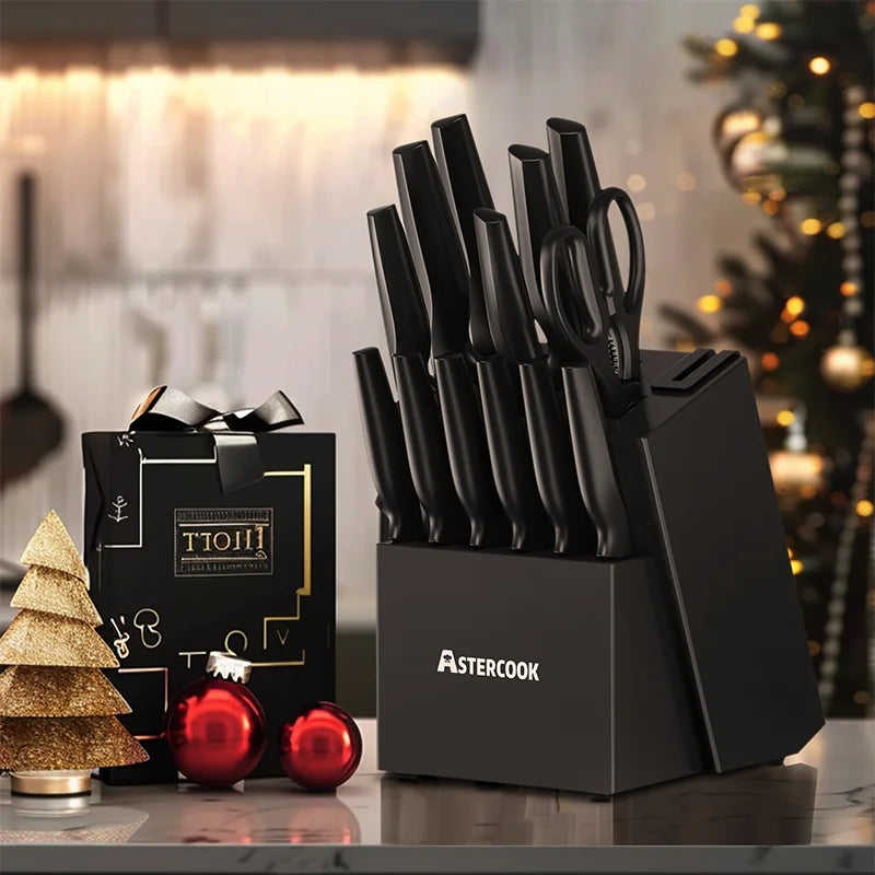 Astercook 15 Piece with Built-in Sharpener Block, Dishwasher Safe, German Stainless Steel - Our Families Kitchen