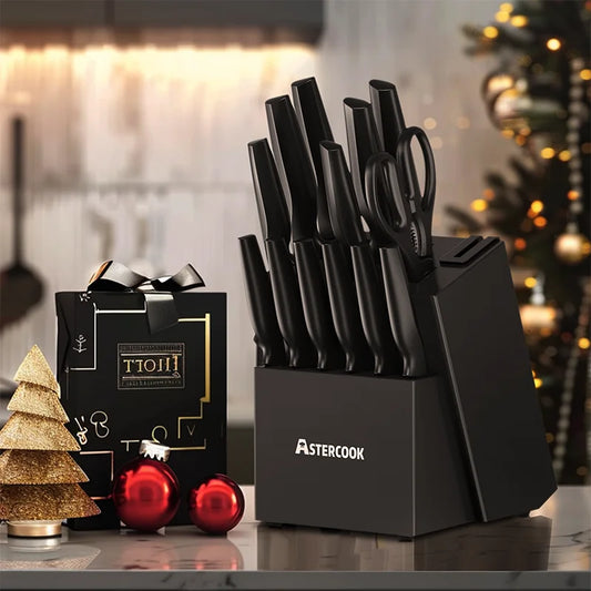 Astercook 15 Piece with Built-in Sharpener Block, Dishwasher Safe, German Stainless Steel - Our Families Kitchen