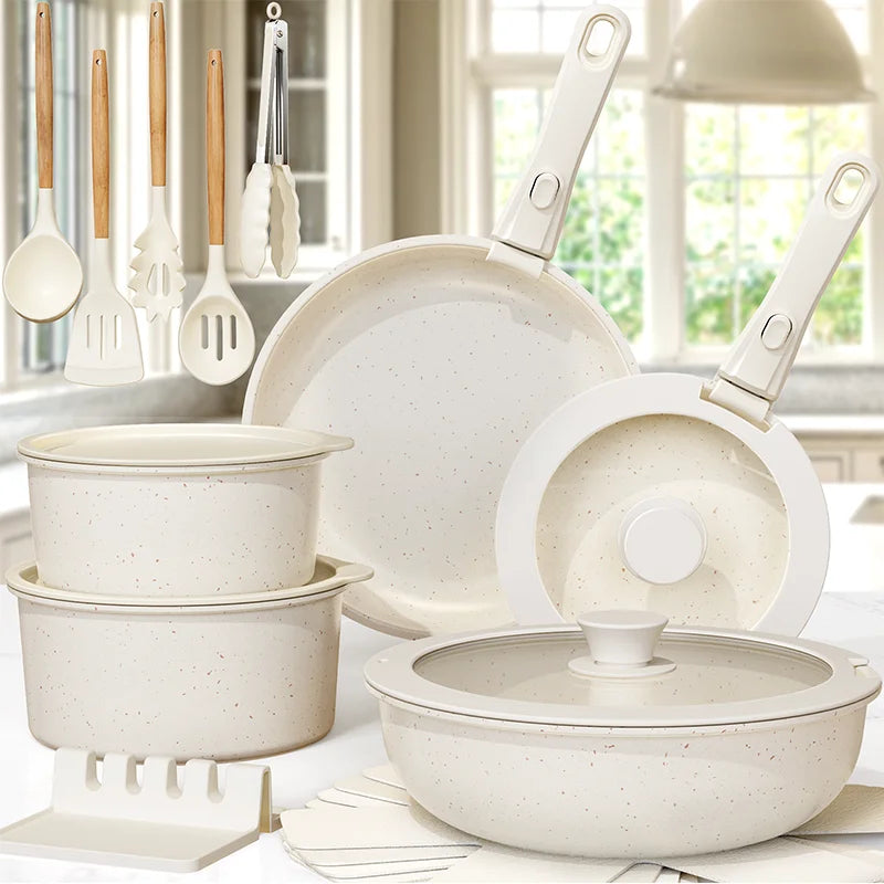 21 Piece Non-Stick, Astercook Ceramic Cookware Set with Sensor Handles, Milky white - Our Families Kitchen