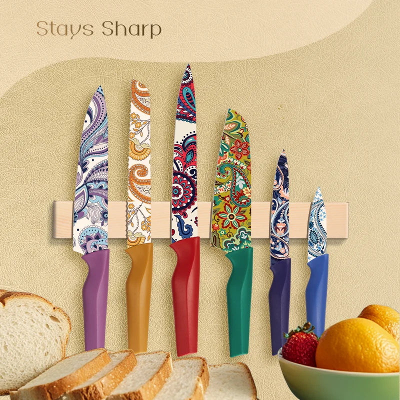Astercook Paisley Pattern Knife Set With Sheaths, Dishwasher Safe, Colorful, German Stainless Steel - Our Families Kitchen