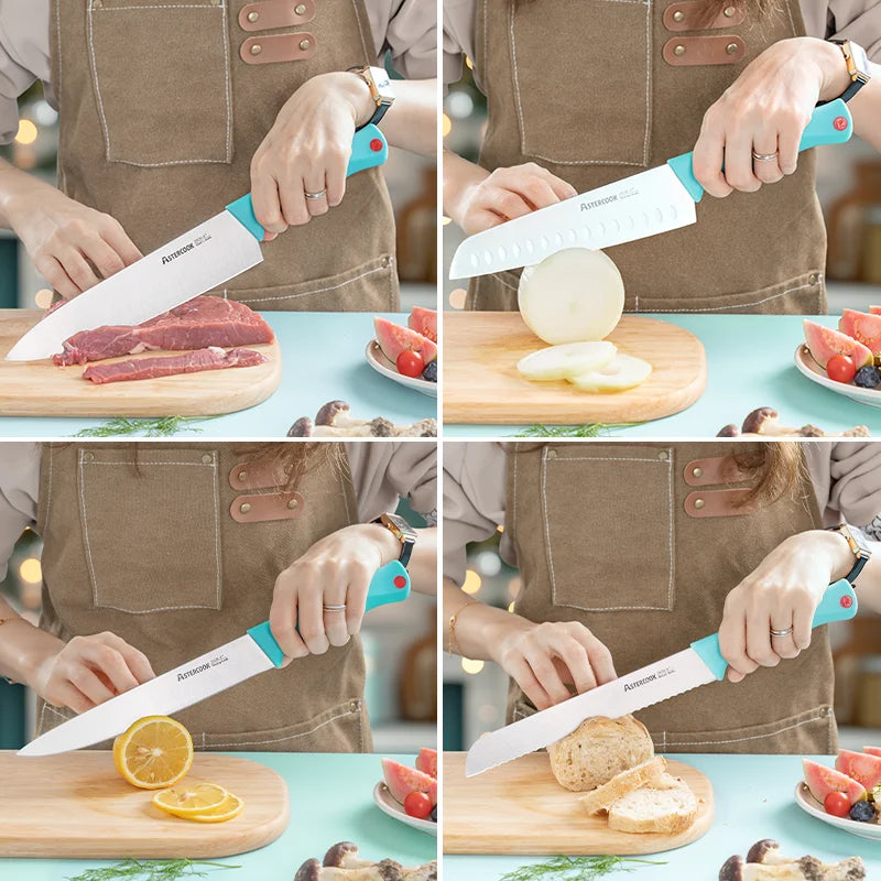 Astercook, 14 Pcs Kitchen Knife Set with Built-in Sharpener Block, Dishwasher Safe, Teal