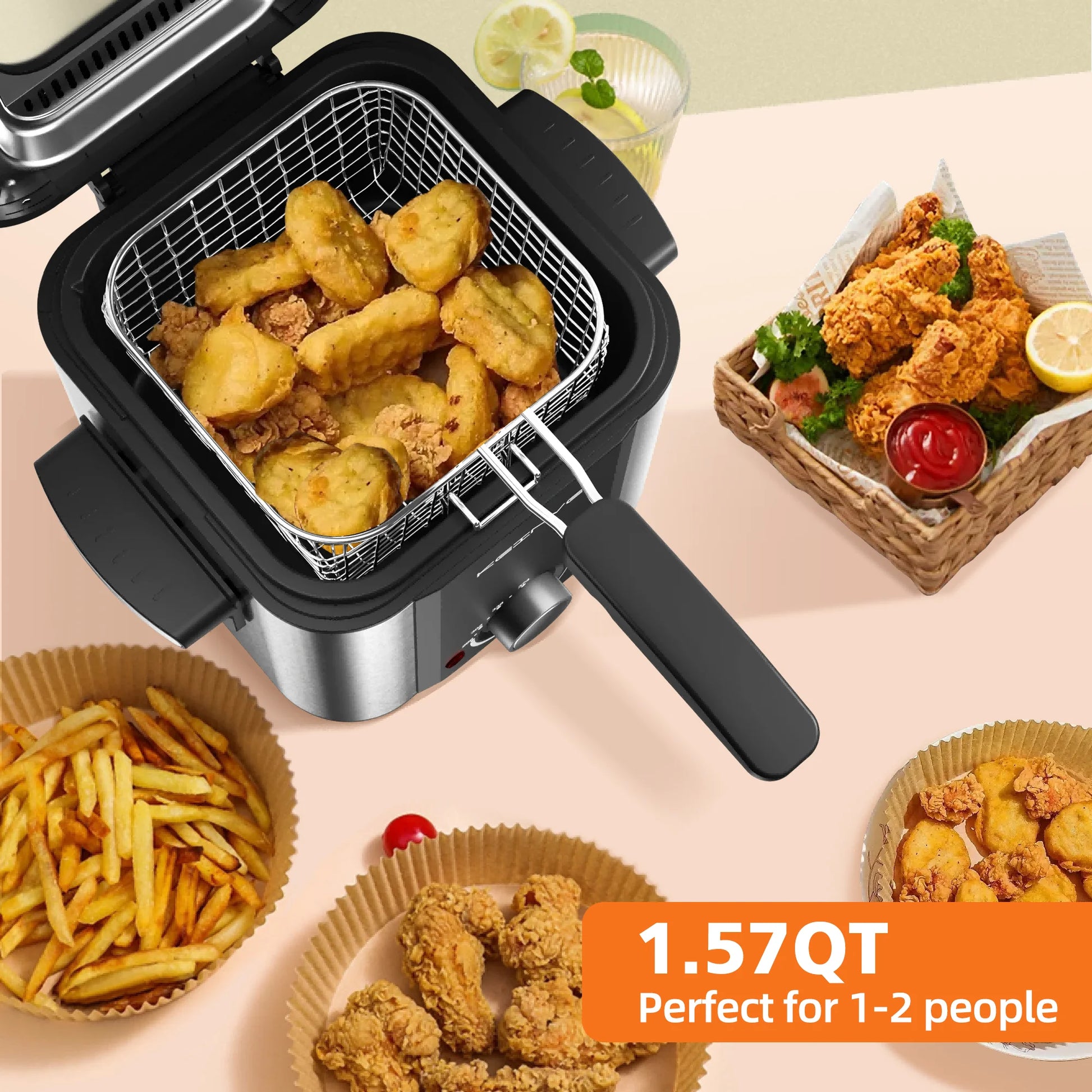 Electric Deep Fryer, 1.5 L/1.6 QT with Nonstick Basket , Cool Touch Sides Easy to Clean - Our Families Kitchen