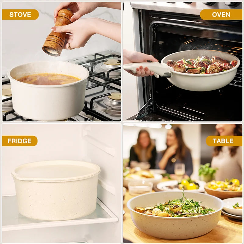 21 Piece Non-Stick, Astercook Ceramic Cookware Set with Sensor Handles, Milky white - Our Families Kitchen