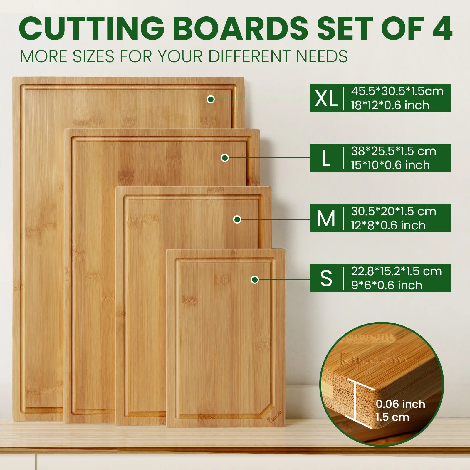 4-piece extra large kitchen bamboo cutting board set, inner handle design. - Our Families Kitchen