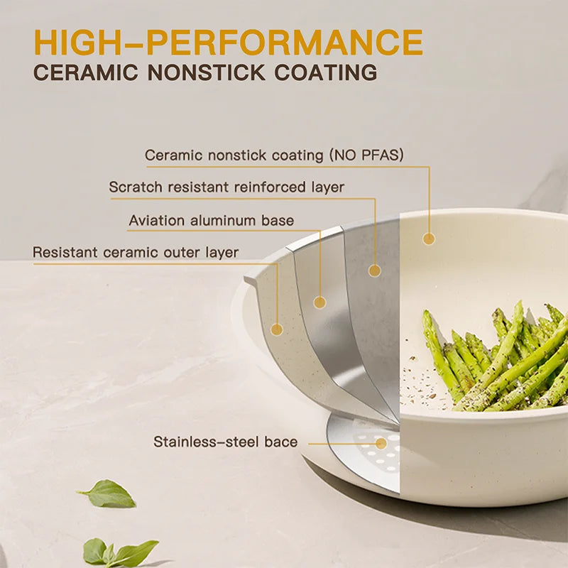 21 Piece Non-Stick, Astercook Ceramic Cookware Set with Sensor Handles, Milky white - Our Families Kitchen