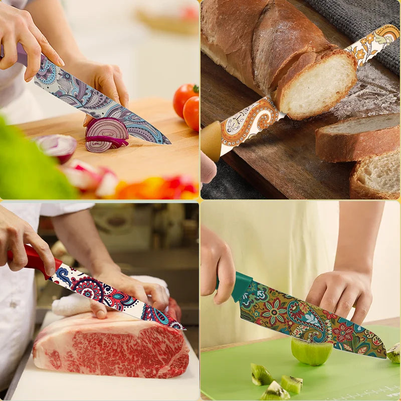 Astercook Paisley Pattern Knife Set With Sheaths, Dishwasher Safe, Colorful, German Stainless Steel - Our Families Kitchen