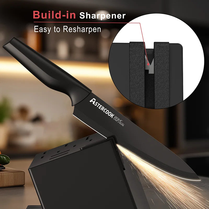 Astercook 15 Piece with Built-in Sharpener Block, Dishwasher Safe, German Stainless Steel - Our Families Kitchen