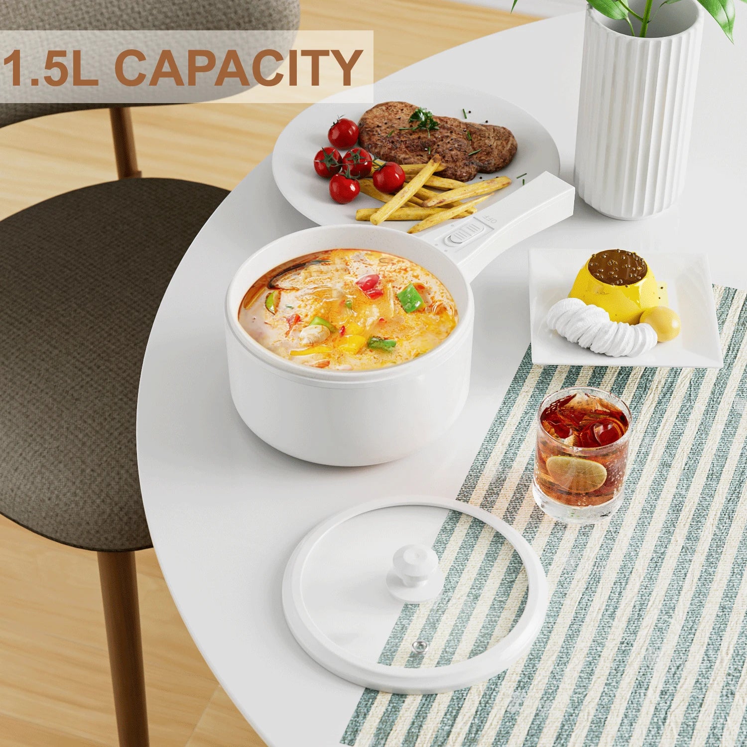 Hot Pot with Steamer, Non-Stick Fryer Pan, 1.5L Electric Pot with Power Adjustment - Our Families Kitchen