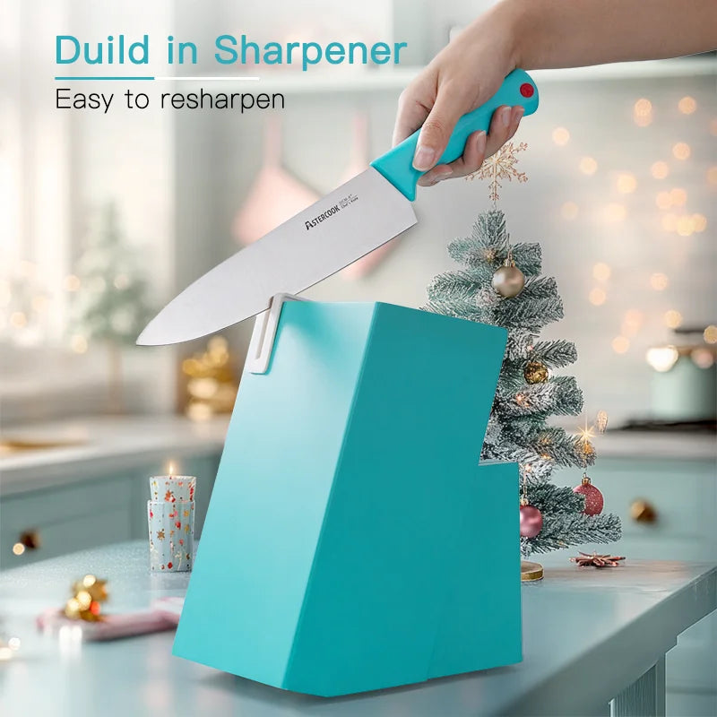 Astercook, 14 Pcs Kitchen Knife Set with Built-in Sharpener Block, Dishwasher Safe, Teal