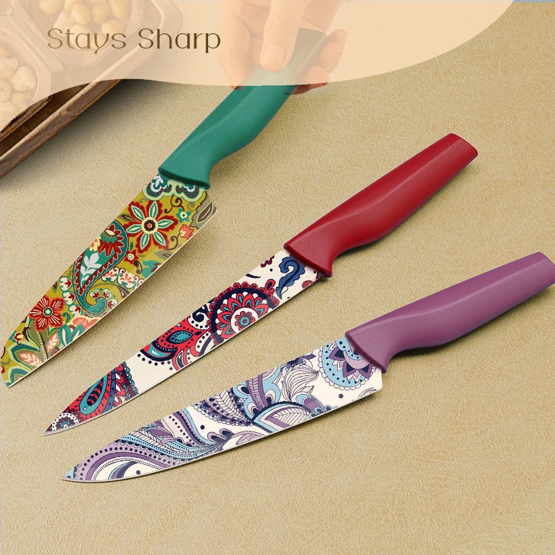 Astercook Paisley Pattern Knife Set With Sheaths, Dishwasher Safe, Colorful, German Stainless Steel - Our Families Kitchen