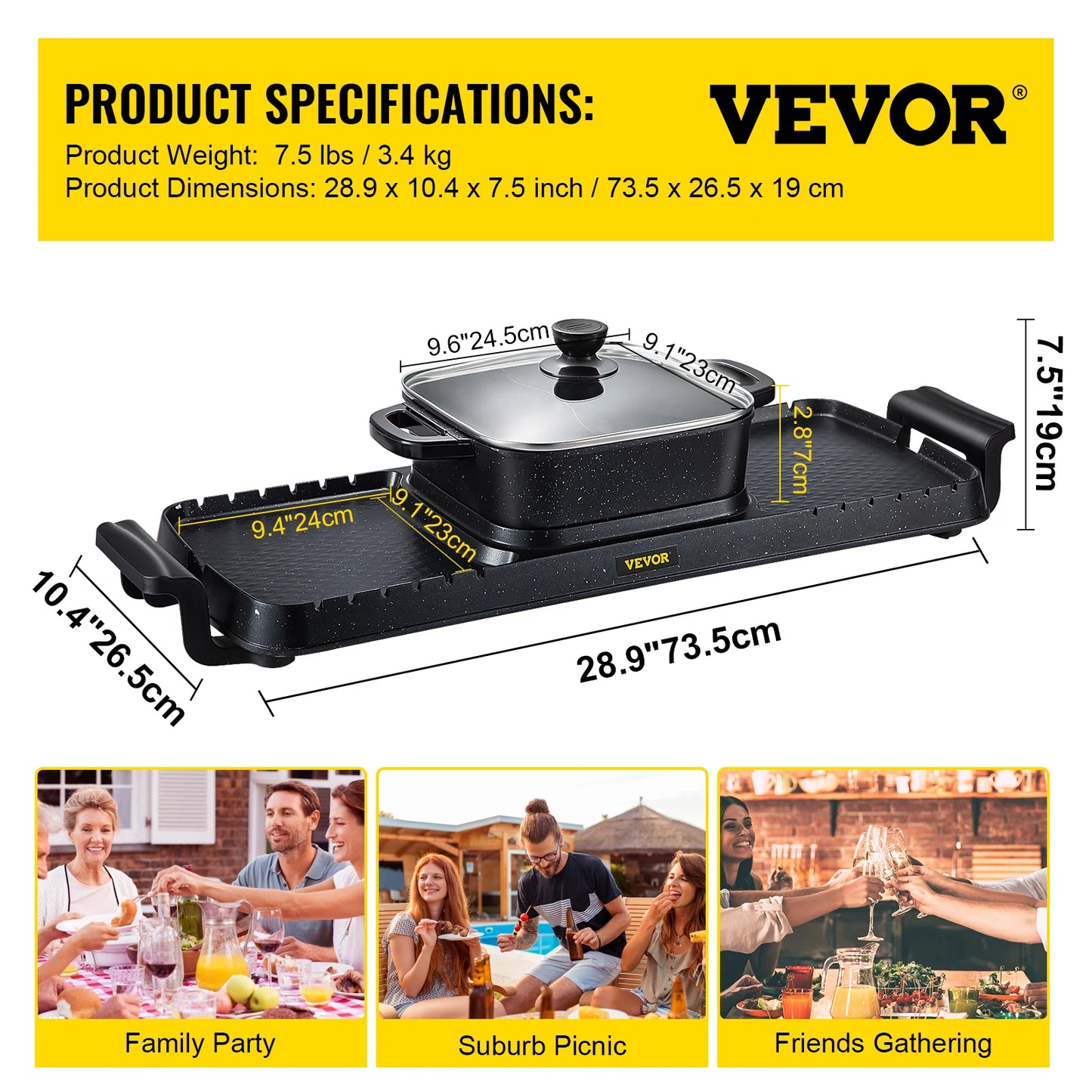 SucceBuy 2in1 Electric BBQ Pan Grill Hot Pot Multifunction Home Portable Smokeless Nonstick Detachable Hot Pot Barbecue Plate