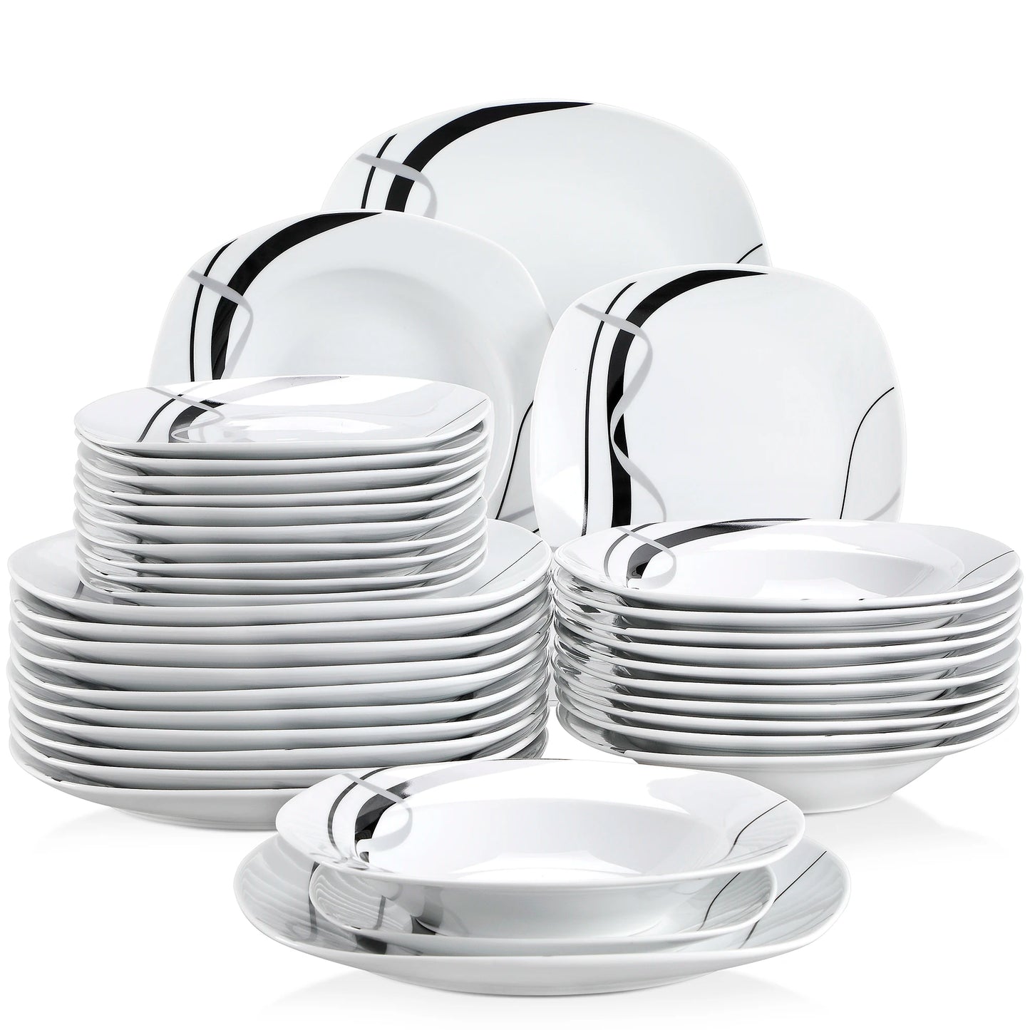 VEWEET FIONA 18/36-Piece Porcelain Ceramic Black Line Kitchen Tableware