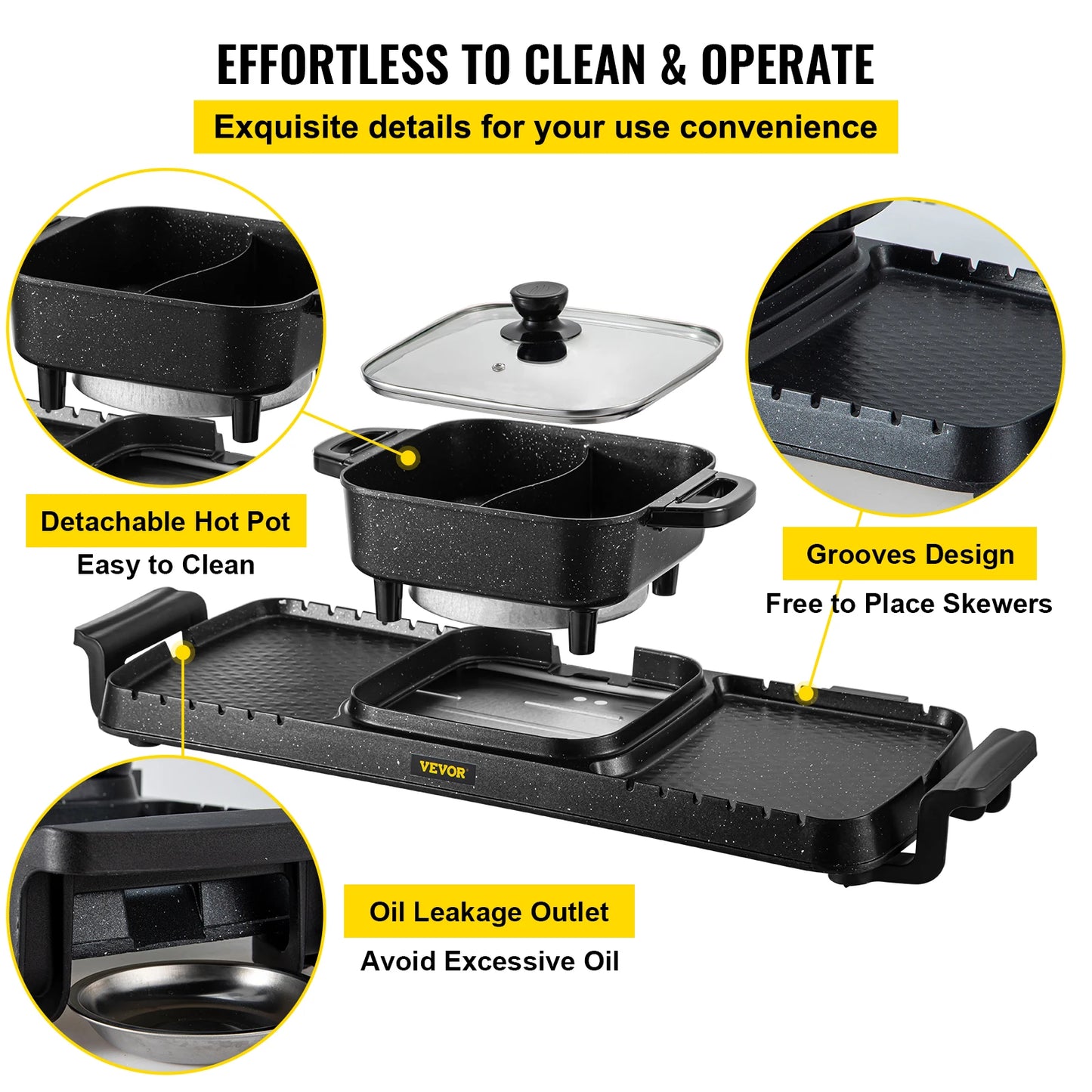 SucceBuy 2in1 Electric BBQ Pan Grill Hot Pot Multifunction Home Portable Smokeless Nonstick Detachable Hot Pot Barbecue Plate