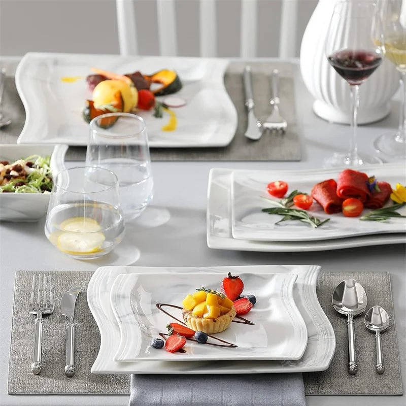 26Pcs Nordic Marble Pattern Porcelain Plates and Bowls Square Dinnerware Set - Our Families Kitchen