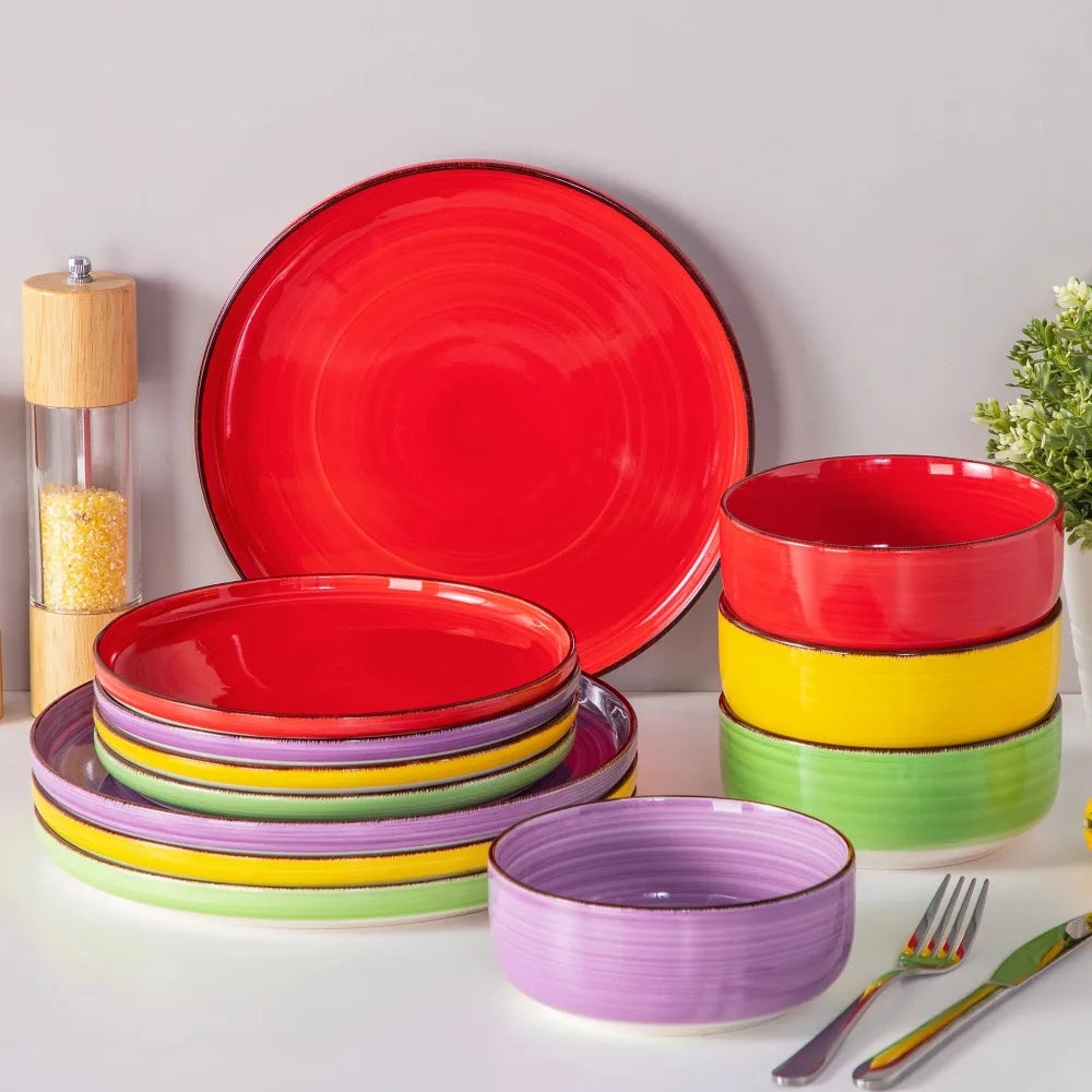 Vancasso Ceramic Tableware Set 24 Piece Mix-Color Hand-painted Spirals Pattern - Our Families Kitchen