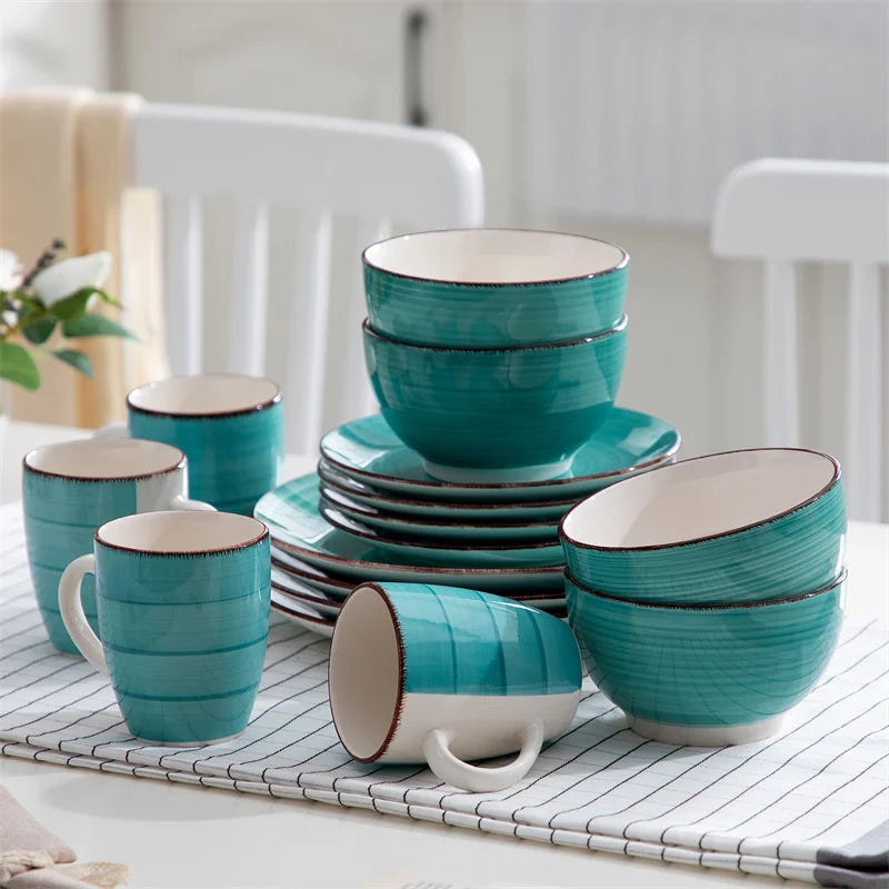 16Pcs Vintage Porcelain Ceramic Plate Set with Dinner Plate/Dessert Plate/Bowl/Mug - Our Families Kitchen