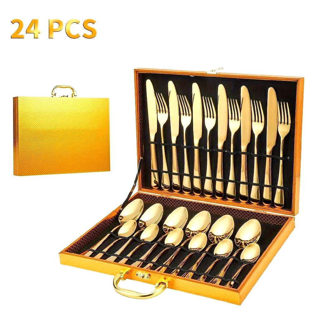 24pcs Elegant Stainless Steel, Classic Style Gift Set Mirror Polish Gold Cutlery - Our Families Kitchen