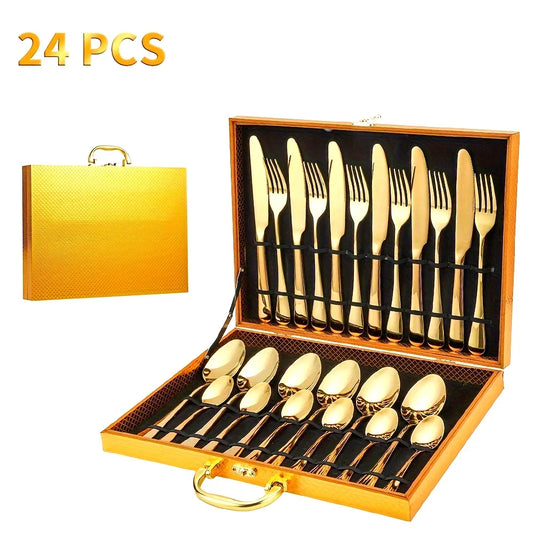 24pcs Elegant Stainless Steel, Classic Style Gift Set Mirror Polish Gold Cutlery - Our Families Kitchen