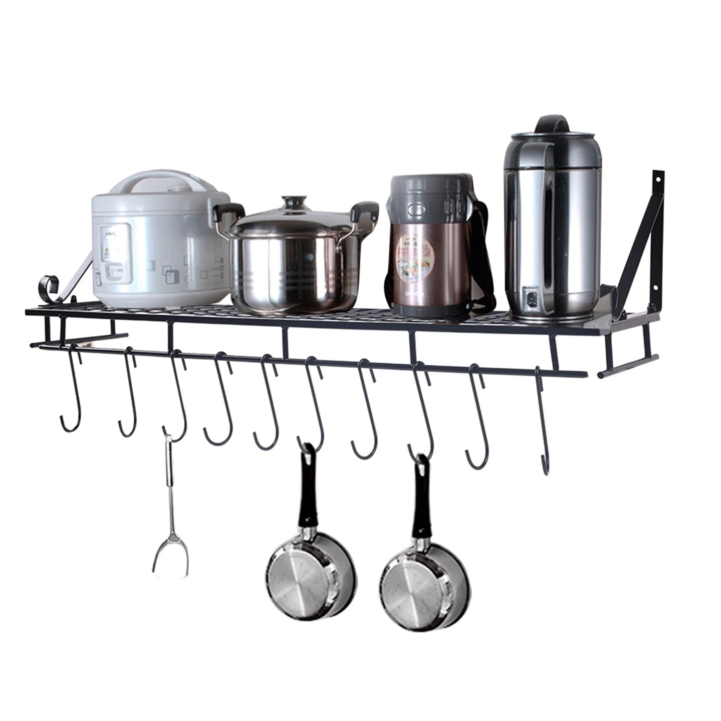 Kitchen Storage Metal Pan & Pot Rack Wall Mounted with 10 Hook Holders