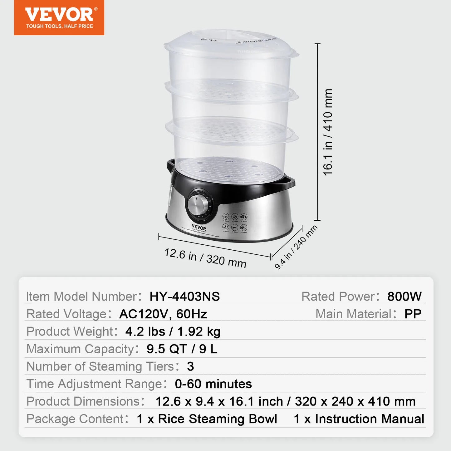 VEVOR Electric Food Steamer 9.5Qt/9L, 3-Tier Stackable Trays, 800W for Cooking
