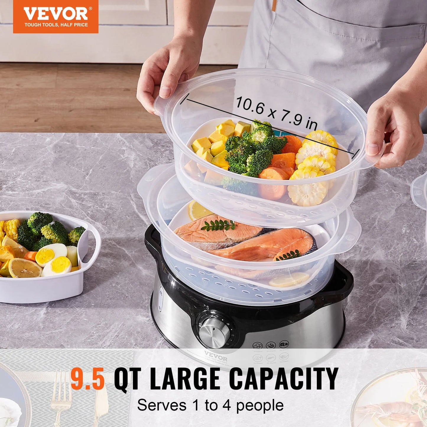 VEVOR Electric Food Steamer 9.5Qt/9L, 3-Tier Stackable Trays, 800W for Cooking