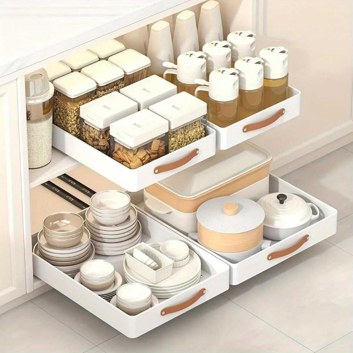Pull out Cabinet Organizer Fixed with Adhesive Nano Film, Heavy Duty Shelves Drawer Storage - Our Families Kitchen