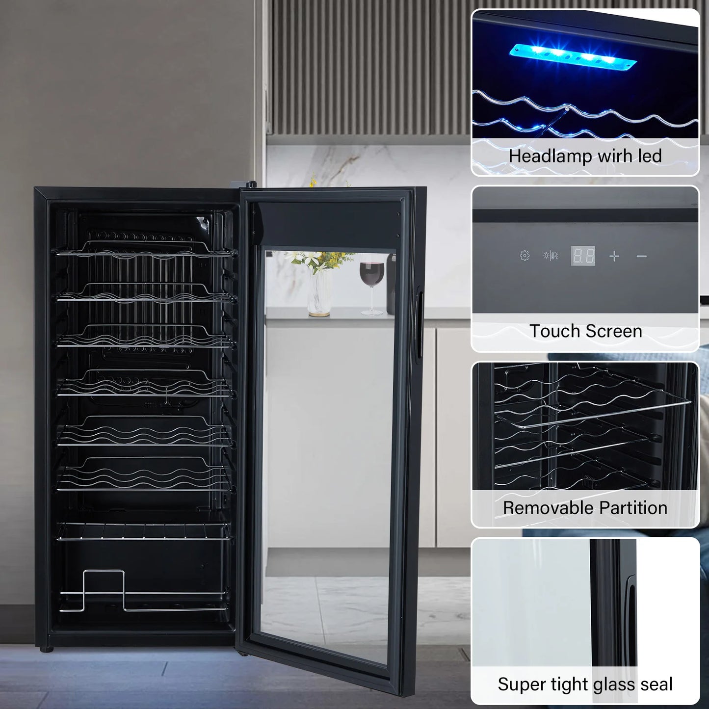 32 Bottles Compressor Wine Cooler Refrigerator, 41℉-64℉ Freestanding Wine Cellar, Compact Design, Single Glass Door