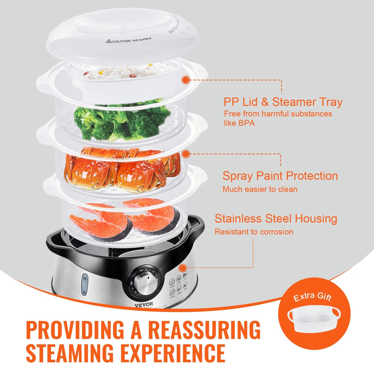 VEVOR Electric Food Steamer 9.5Qt/9L, 3-Tier Stackable Trays, 800W for Cooking