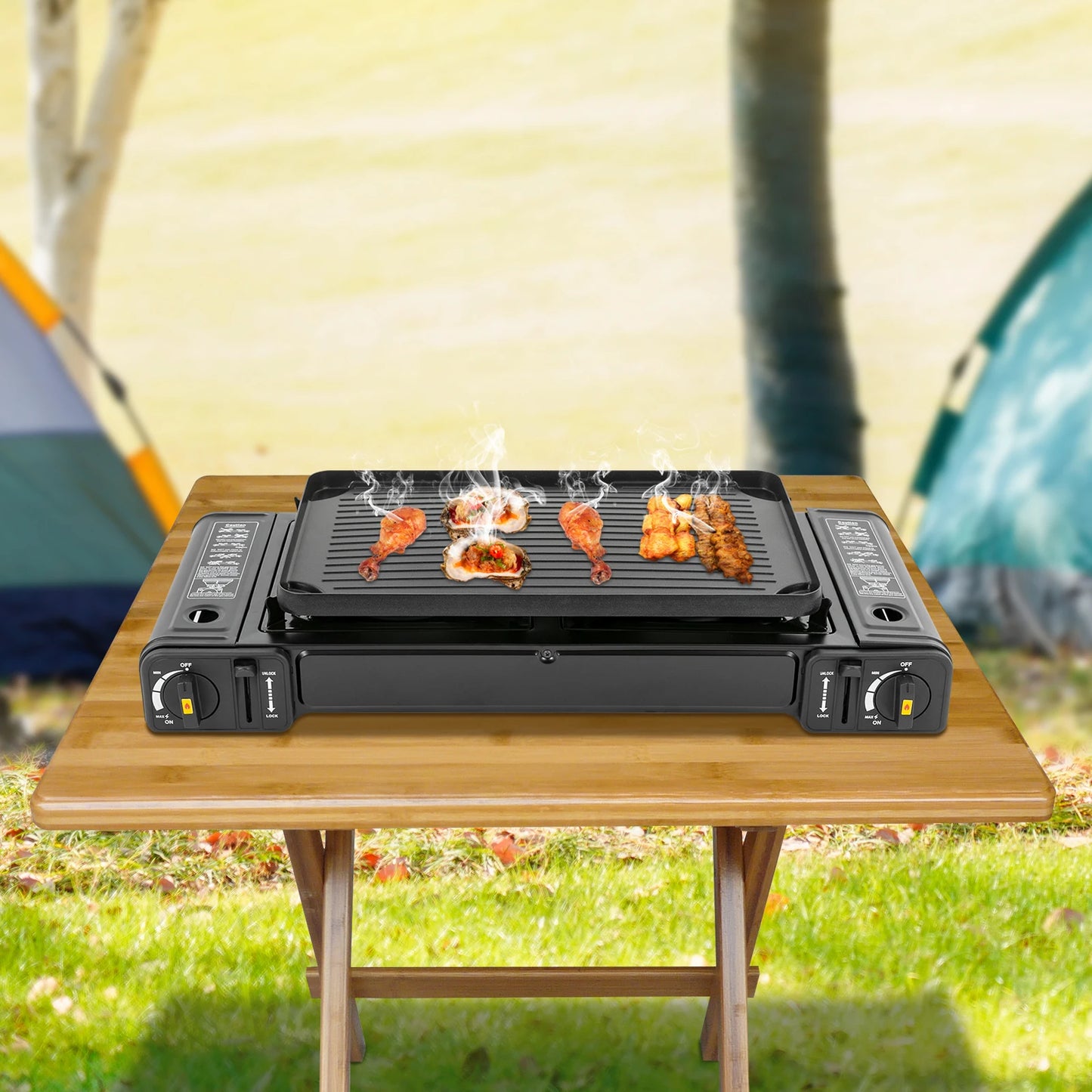 2-Burner Portable Camping Stove, Butane, BBQ, Home (with Grill Tray)