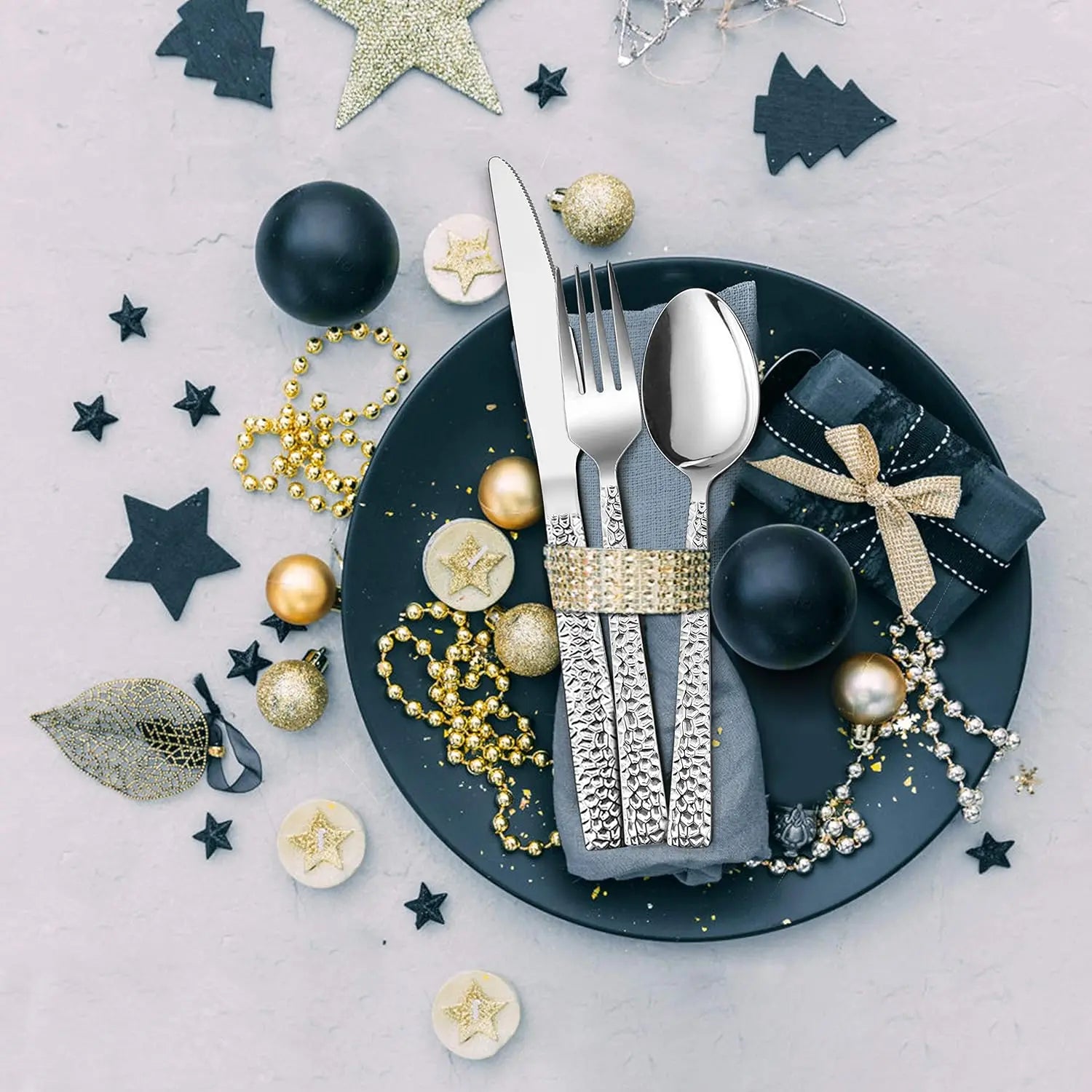65-Piece Stainless Steel Hammered Flatware Set for 12, with Serving Pieces - Our Families Kitchen