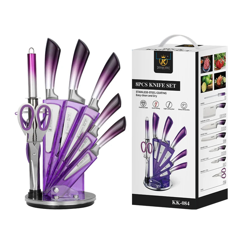 9pcs Stainless Steel Sharp Non-Stick Coated Chef Knives with Sharpener - Our Families Kitchen