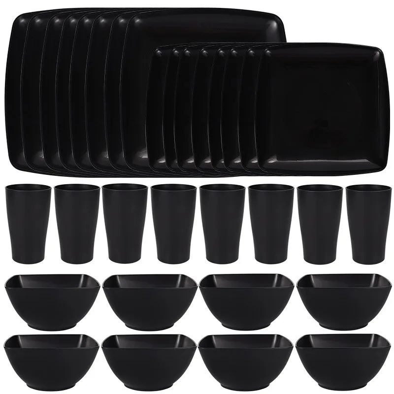 16/32Pcs Plastic Dinnerware Set -Durable Stackable Includes Dinner Plates Salad Plates Snack Bowls and Drinking Cups - Our Families Kitchen