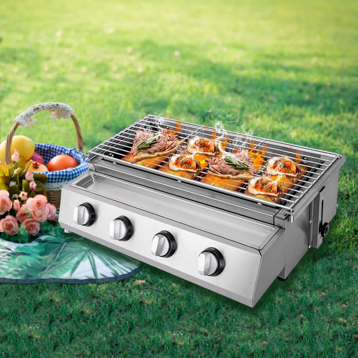 Stainless Steel Smokeless Barbecue Grill 4 Burners, Portable