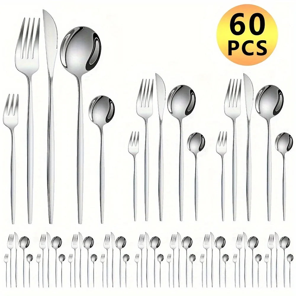 60pcs Stainless Steel - Luxe Golden Cutlery Set, Mirror Polished, Gift Box, - Our Families Kitchen