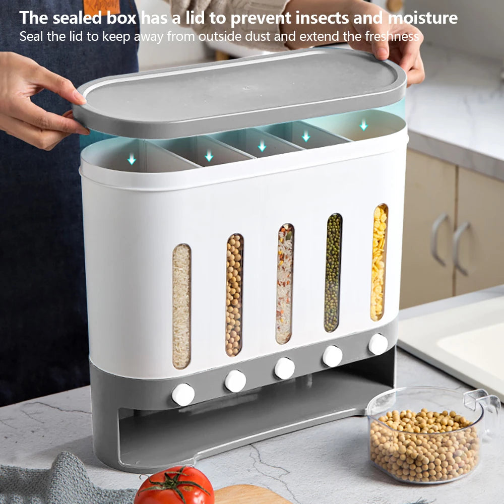 Kitchen Storage Despenser Wall Mounted 5 Grid Grain Dry Food Storage Container 9kg