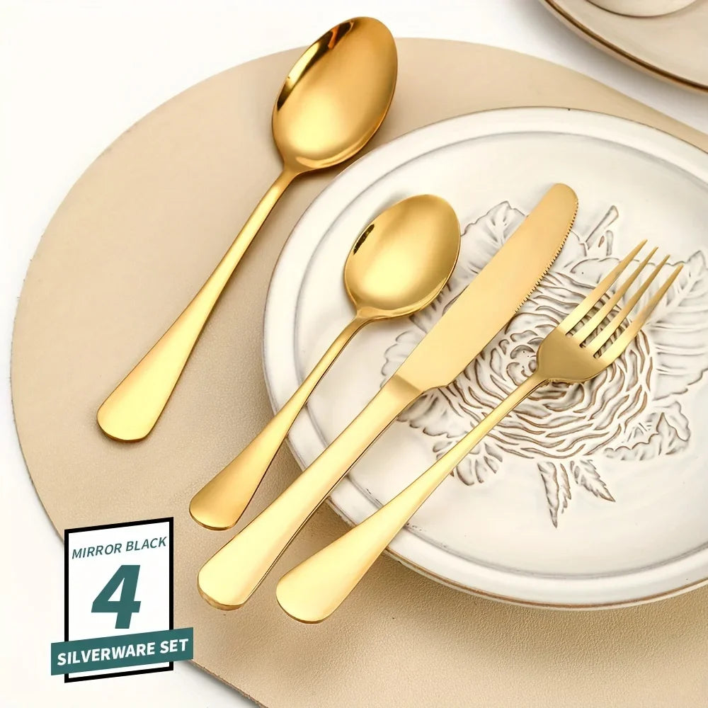 24pcs Elegant Stainless Steel, Classic Style Gift Set Mirror Polish Gold Cutlery - Our Families Kitchen