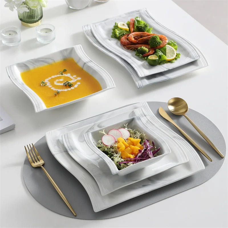 26Pcs Nordic Marble Pattern Porcelain Plates and Bowls Square Dinnerware Set - Our Families Kitchen