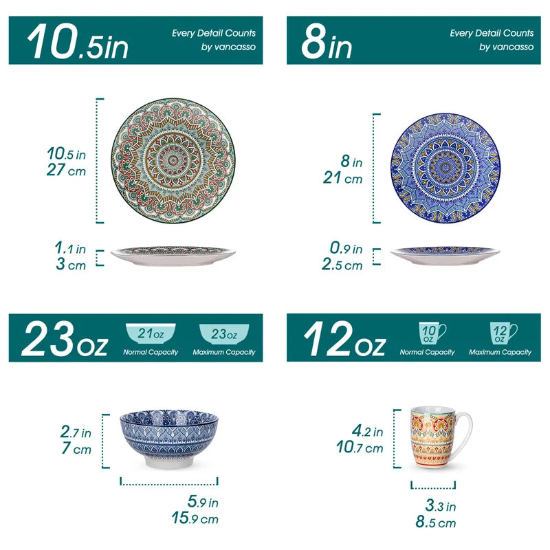 16Pcs Ceremic Porcelain Dinnerware Set Bohemian Mandala Patterned - Our Families Kitchen