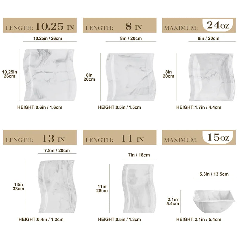 26Pcs Nordic Marble Pattern Porcelain Plates and Bowls Square Dinnerware Set - Our Families Kitchen