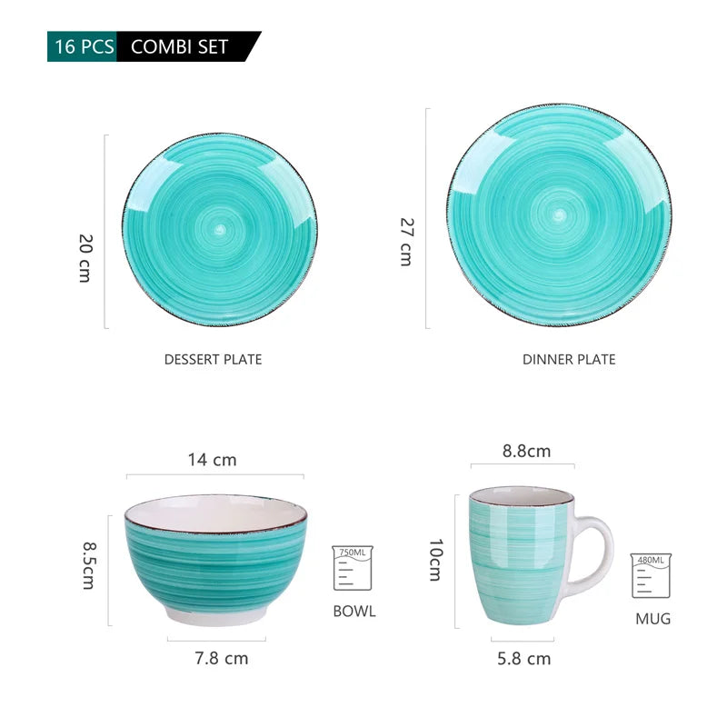16Pcs Vintage Porcelain Ceramic Plate Set with Dinner Plate/Dessert Plate/Bowl/Mug - Our Families Kitchen