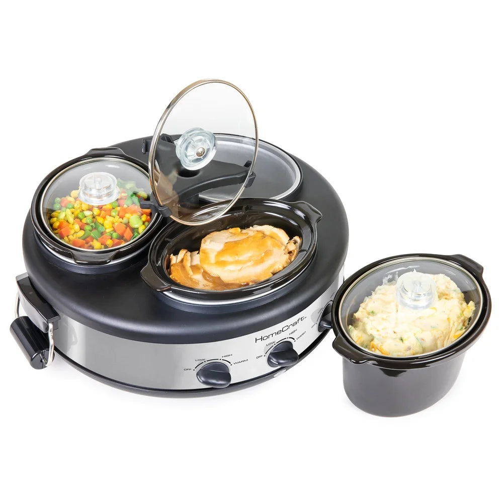 Triple 1.5qt Stainless Steel Slow Cooker, Adjustable Heat Control 3 Ceramic Pots