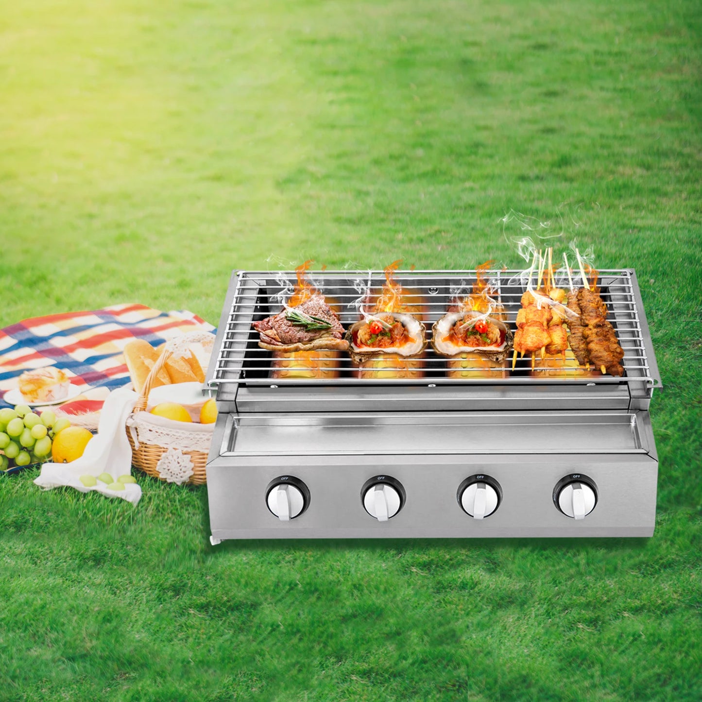 Stainless Steel Smokeless Barbecue Grill 4 Burners, Portable