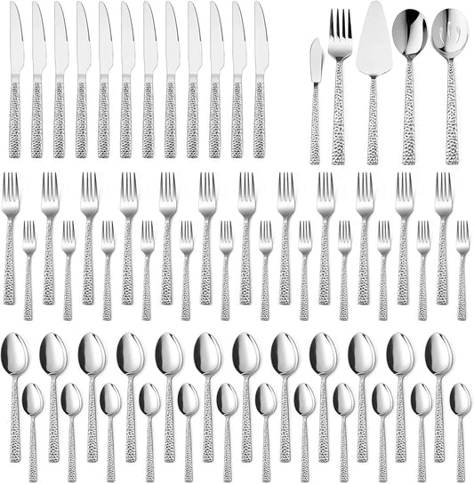 65-Piece Stainless Steel Hammered Flatware Set for 12, with Serving Pieces - Our Families Kitchen