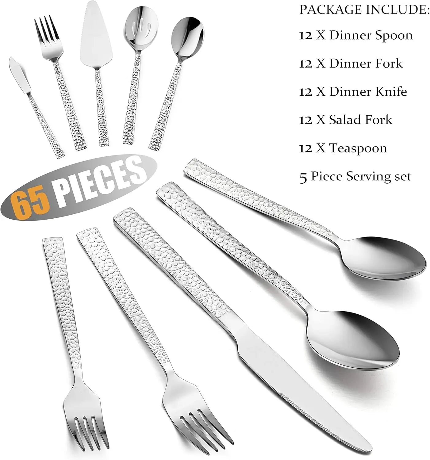 65-Piece Stainless Steel Hammered Flatware Set for 12, with Serving Pieces - Our Families Kitchen